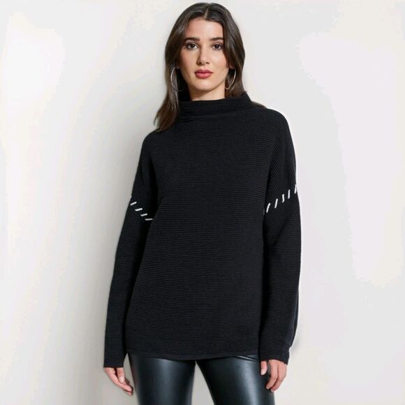 T Tahari Funnel Neck Sweater Stitch Shoulder Black Cozy Fall Comfort Medium - Picture 1 of 9